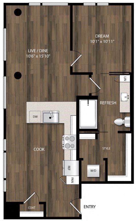 Floor plan for 1 bed, 1 bath, 782 sqft